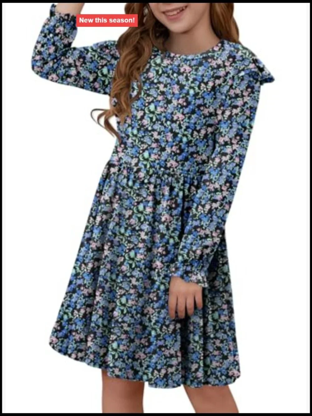 Girls Long Sleeve Ruffle Skater Dress Cotton Blend Lightweight